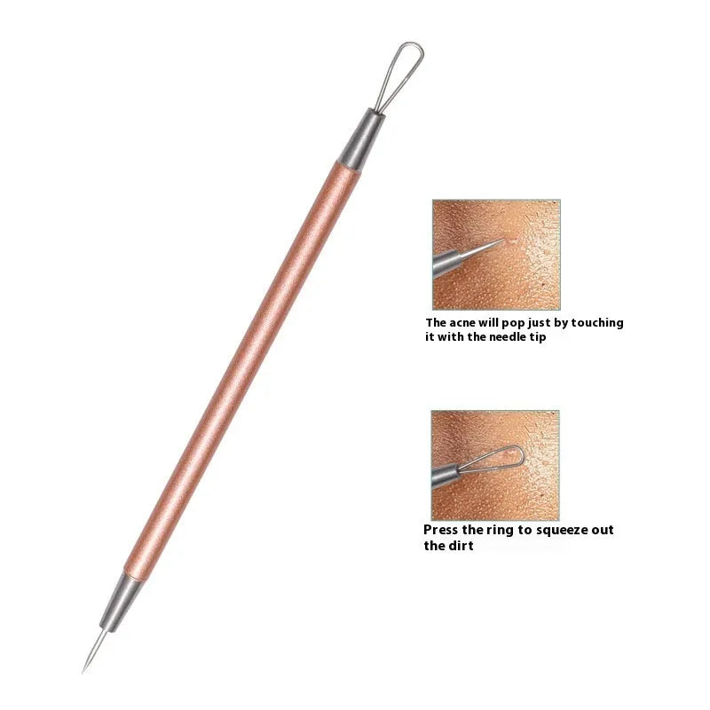 Six rose gold stainless steel acne removal tools arranged on a clean surface