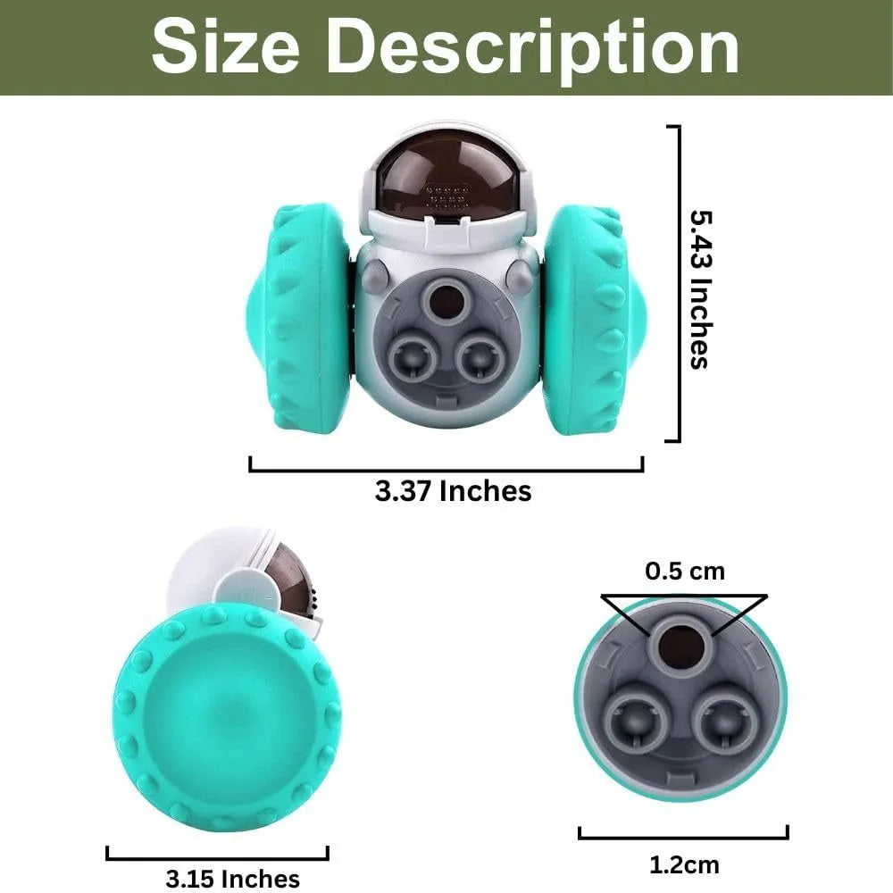 A robot-shaped, self-balancing dog and cat treat dispenser toy in various colours, shown with dry food.