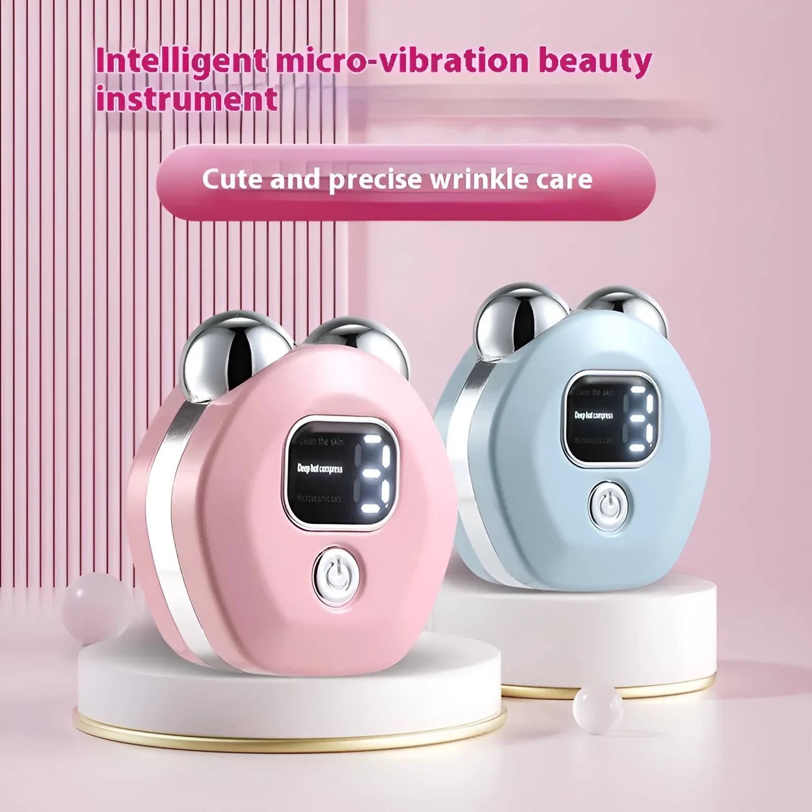 Portable white micro current double-roller facial massage instrument with hot compress function and USB charging cable.