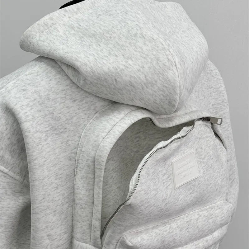 Men's grey hooded jacket with schoolbag-style back design showing front and back views