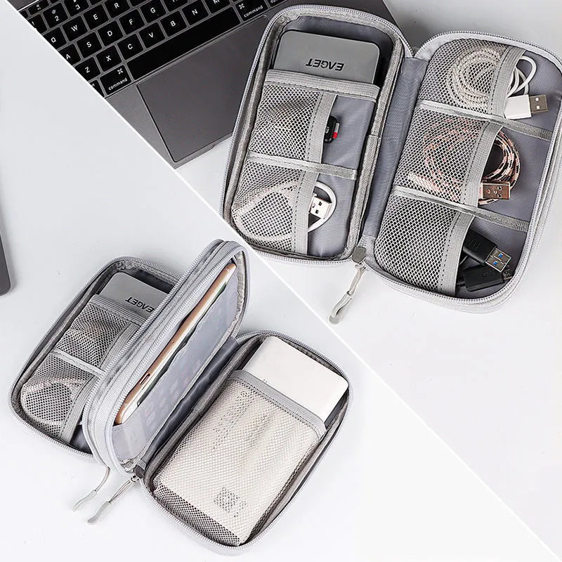 Multifunctional data cable storage bag in black double layer 19x11x5.5cm with power bank and cables inside