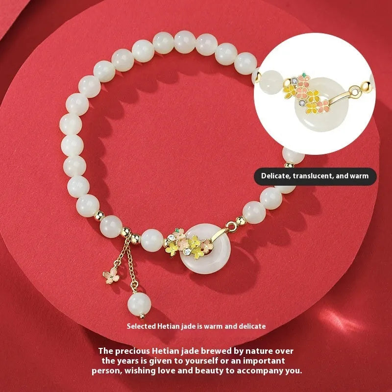 Osmanthus peace buckle bracelet with natural Hetian jade beads and 925 sterling silver setting