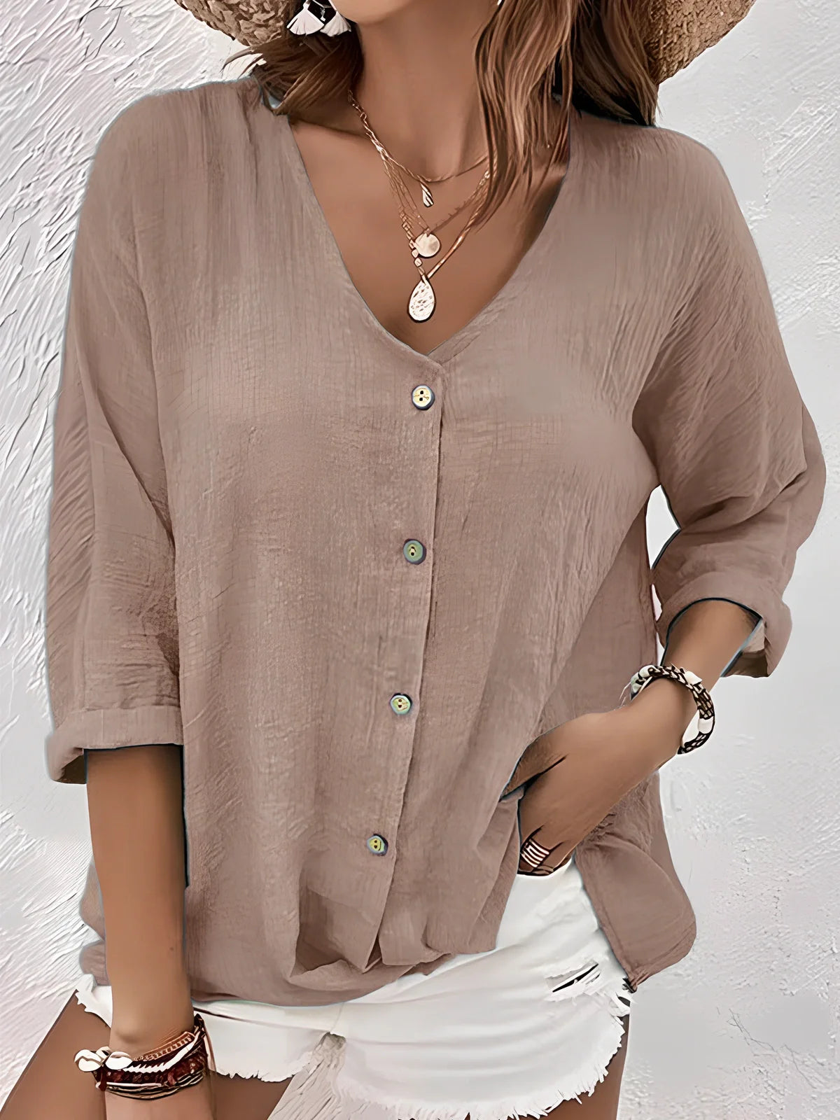 Women's loose V-neck long-sleeved T-shirt in navy blue, button front, polyester fabric, size M with 115cm bust fit