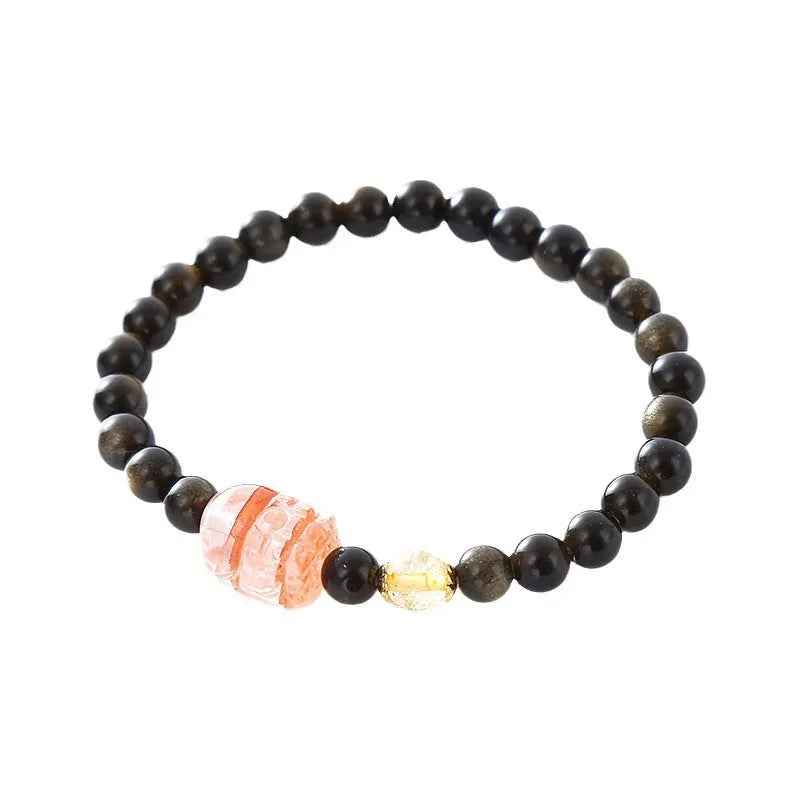 Handmade natural obsidian Pi Xiu bracelet with animal modelling in gold or red colours