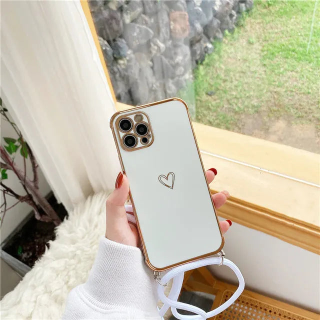 Hollow Love crossbody lanyard phone case for Apple iPhone with electroplating stripe and geometry design, TPU back cover, multiple colours