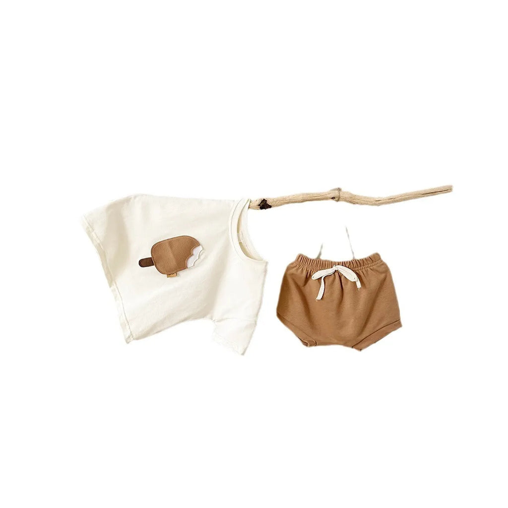 Girls' cotton shorts suit with ice cream patch in apricot, olive and white colours