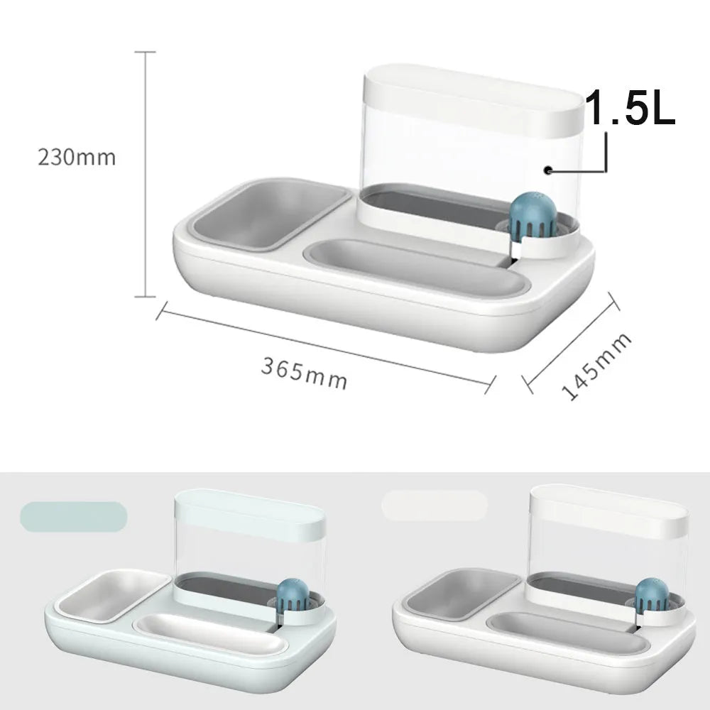 Automatic pet cat feeder water dispenser with double bowl design, 1500ml capacity, in Snow Mountain White colour