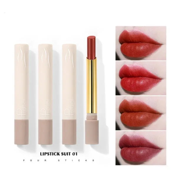 Small pipe lipstick set of four shades with velvet matte finish, 2.5g each, compact size