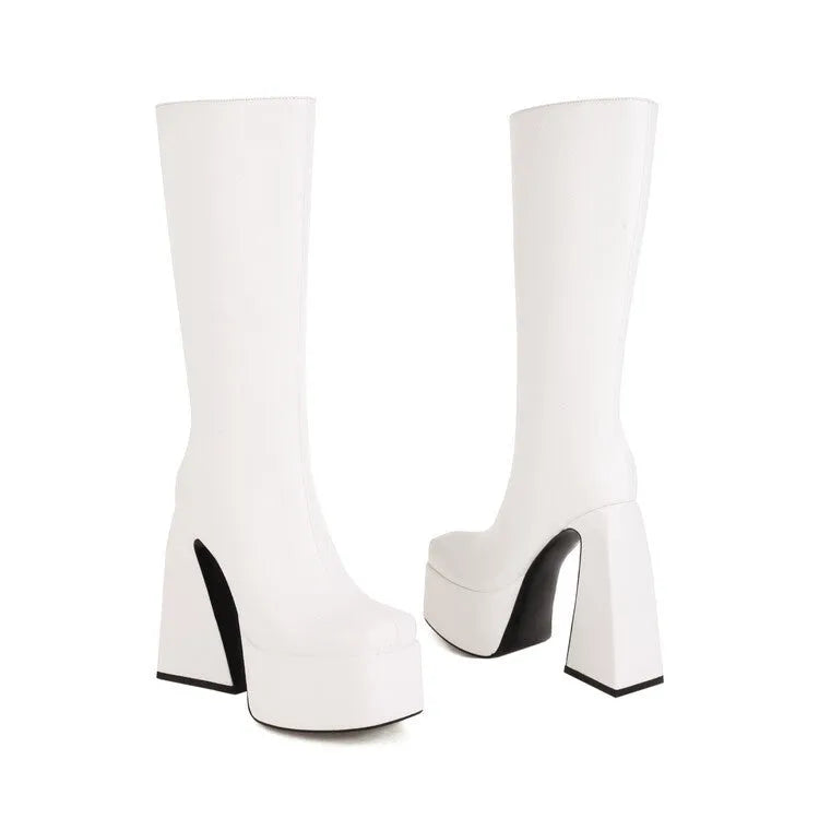 Women's black casual high boots with a PU upper, shown alongside red, blue, and white colour options.