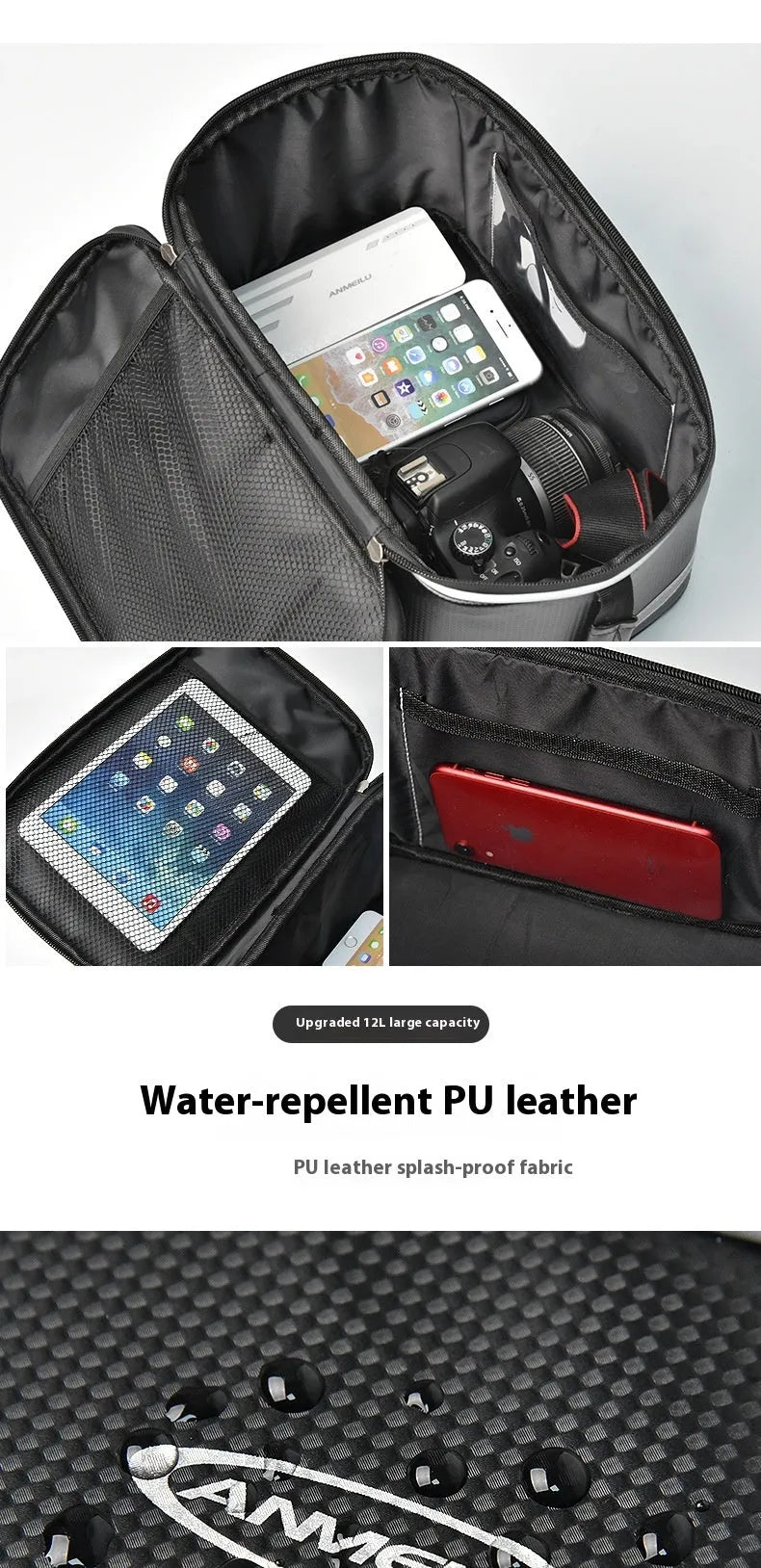 7012 black PU leather backseat car storage bag with 12 litre capacity for bicycle equipment