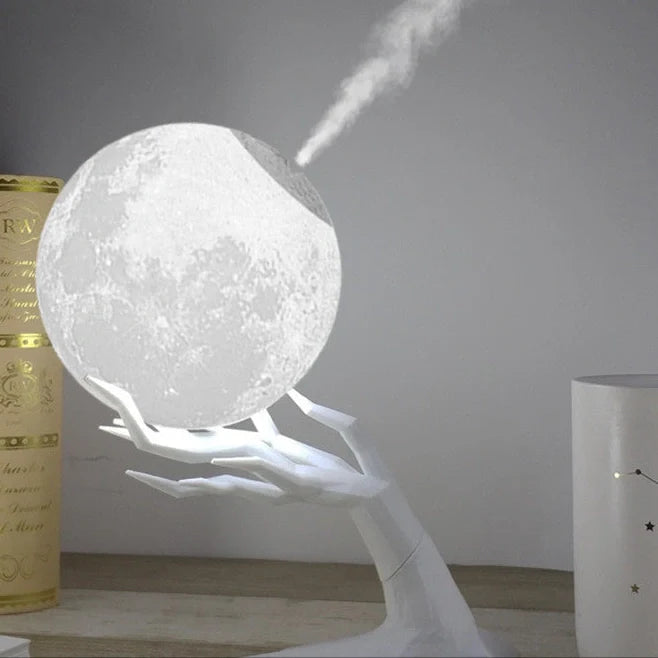 White USB night light humidifier with 880ml tank showing adjustable LED lighting and mist function