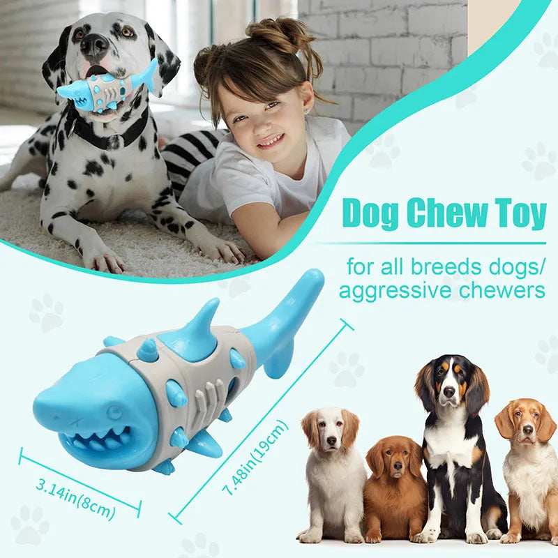 Blue dog teething toy with shark-tooth textured surface and visible air vents for bite-resistant chewing