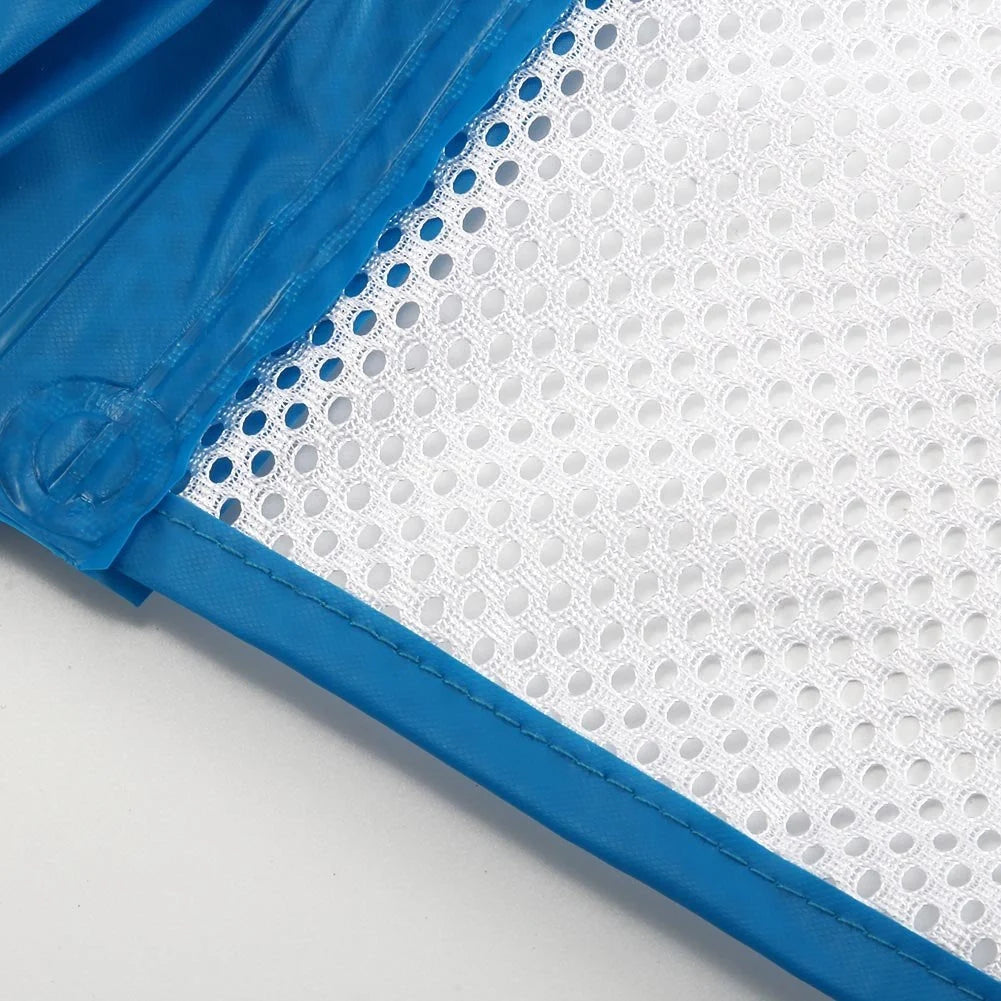 Inflatable water lounge chair in blue, floating in pool with hammock design visible