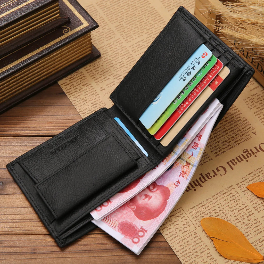 Men's first layer cowhide leather bifold RFID wallet with coin purse, black, 11.5cm length, stitching detail