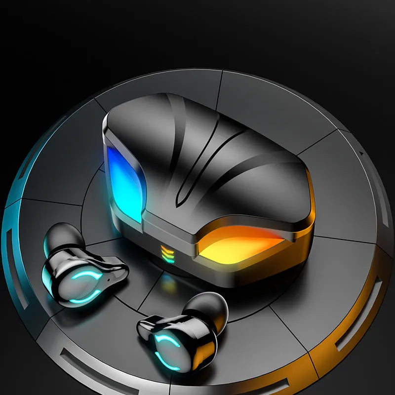 Black Bluetooth gaming headset with in-ear design for mobile gaming featuring zero-latency wireless audio