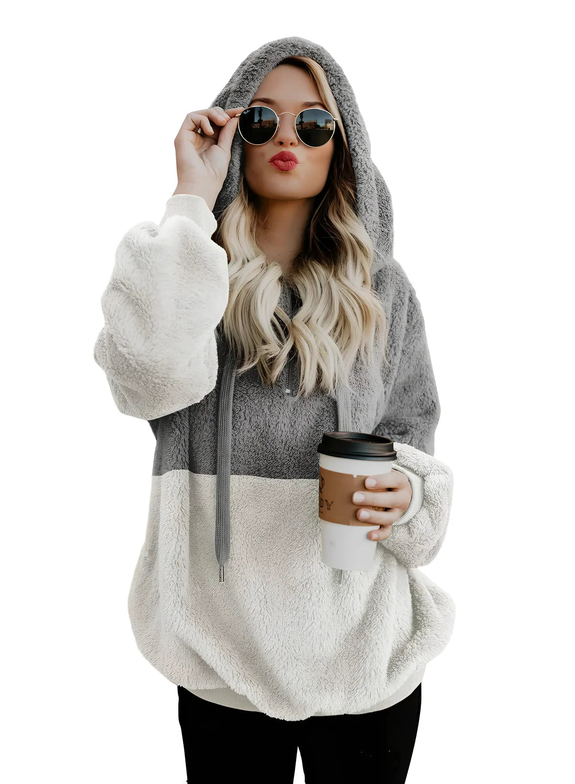Women's casual plush hooded sweatshirt in dark grey with zipper, drawstring hood, and patchwork stitching, loose fit for autumn winter