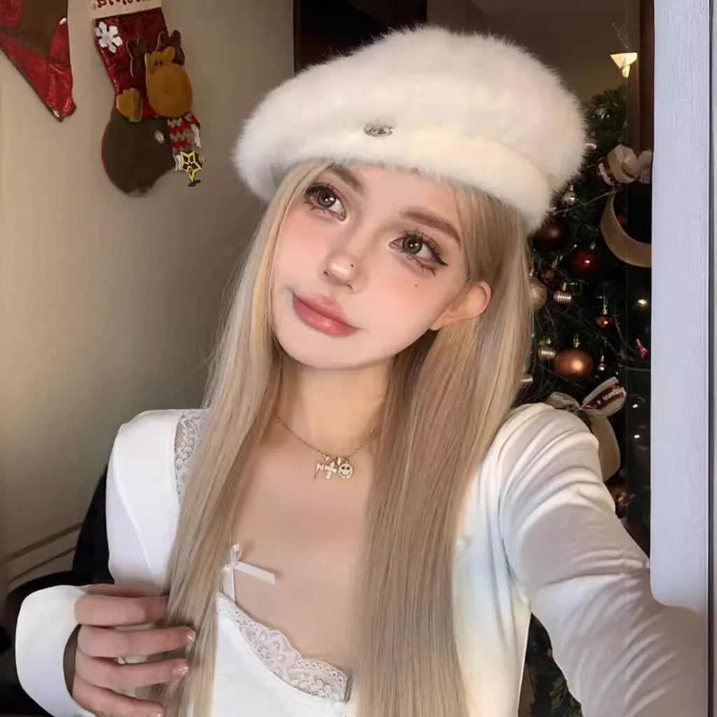 Milk tea gold blonde long straight synthetic wig with high temperature fibre construction