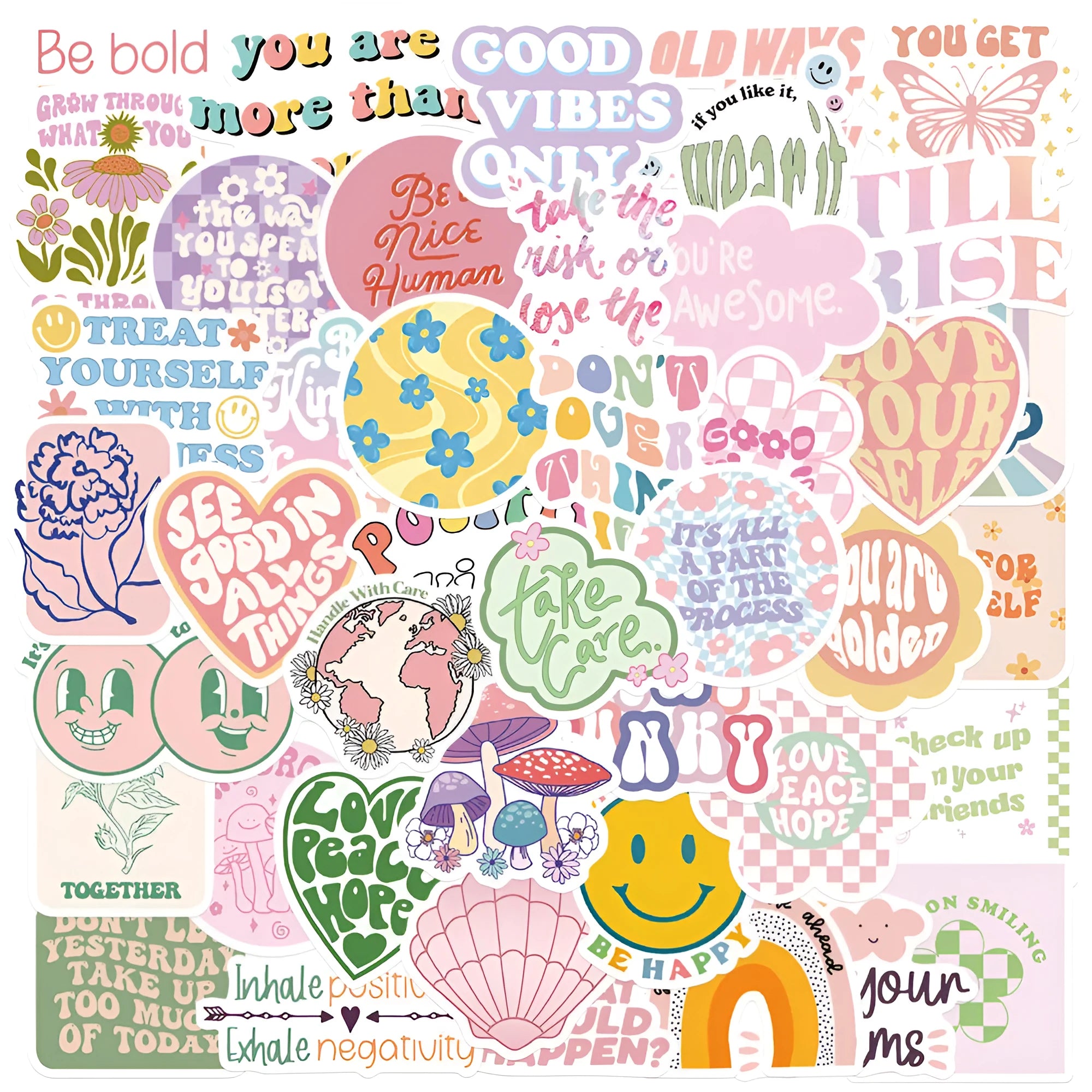 Danish pink motivational stickers with graffiti cartoon designs, size 4-6cm, pack of 50.