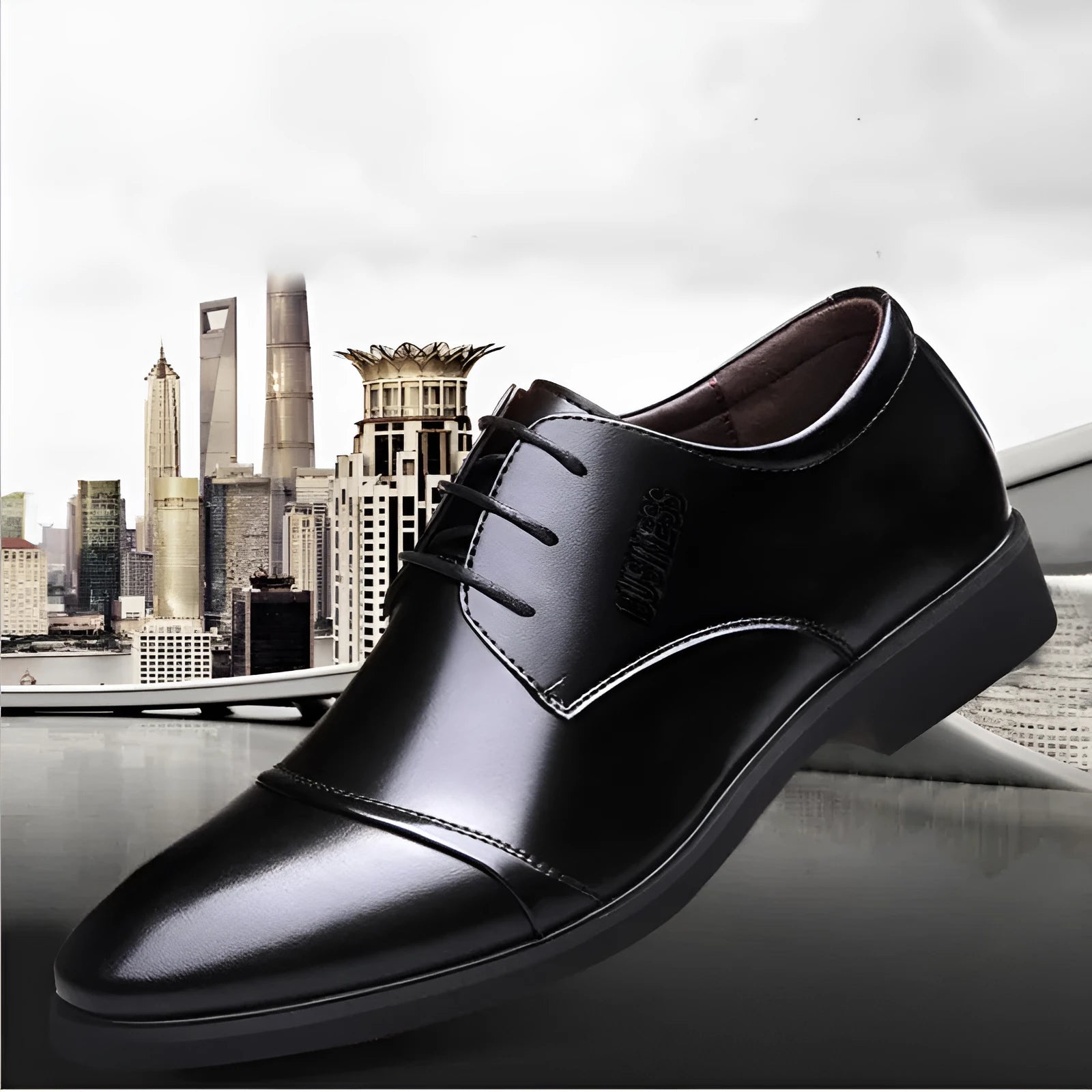 Men's black and brown leather lace-up shoes with stitching detail and horse buckle, shown in sizes 38 to 48