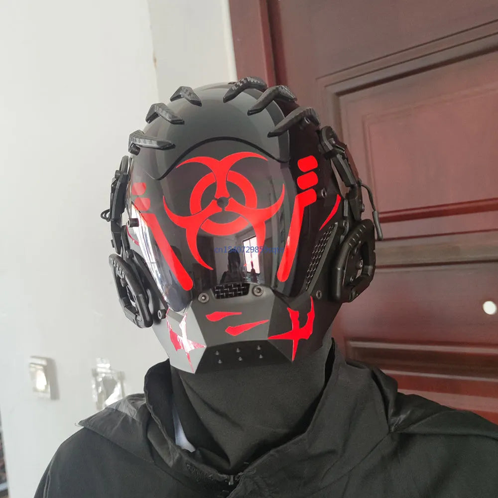 Black full-face cyberpunk prop mask helmet for cosplay and parties.