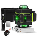 Rotating laser level showing green beam projection for wall alignment