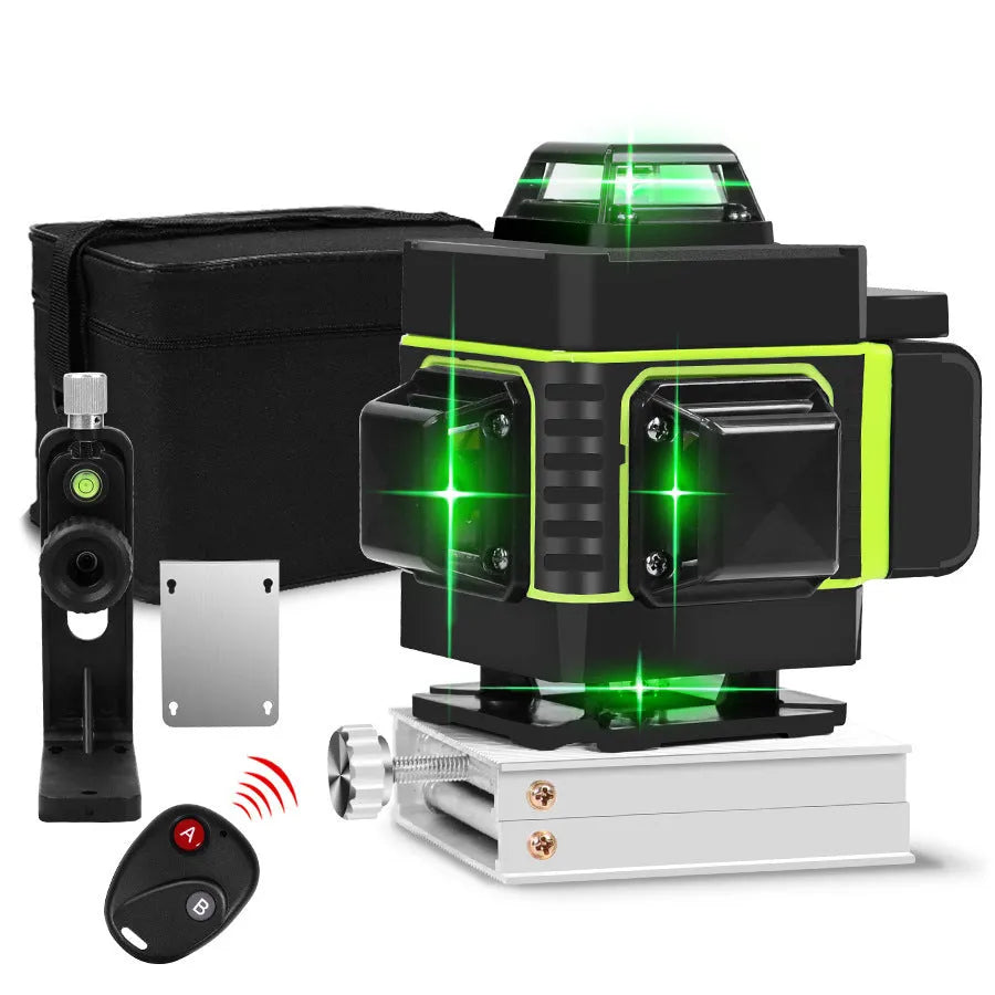 Rotating laser level showing green beam projection for wall alignment