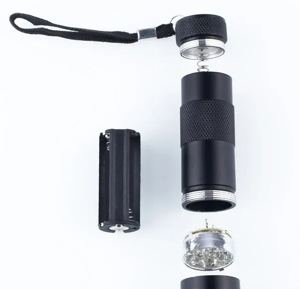 Black UV LED flashlight for counterfeit currency and document authentication