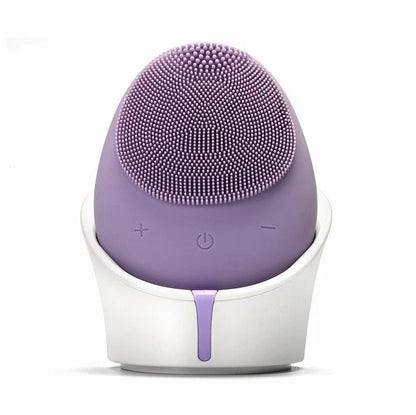 Silicone facial cleansing device with wireless charging base in multiple colours