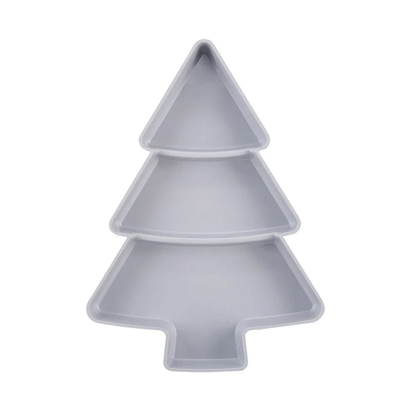 Christmas tree shaped divided fruit platter in pink, grey, blue, and white