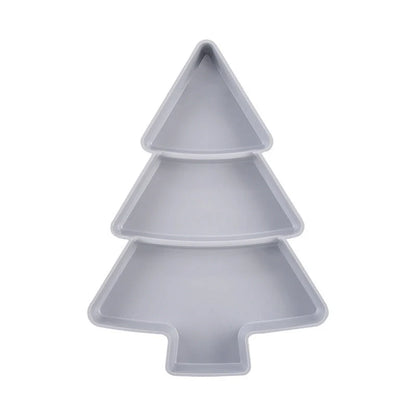 Christmas tree shaped divided fruit platter in pink, grey, blue, and white