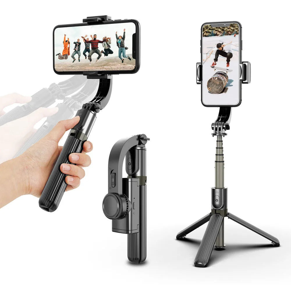 Wireless Bluetooth stabilizer selfie stick with anti-shake gyroscope, black finish, ABS and aluminium alloy body