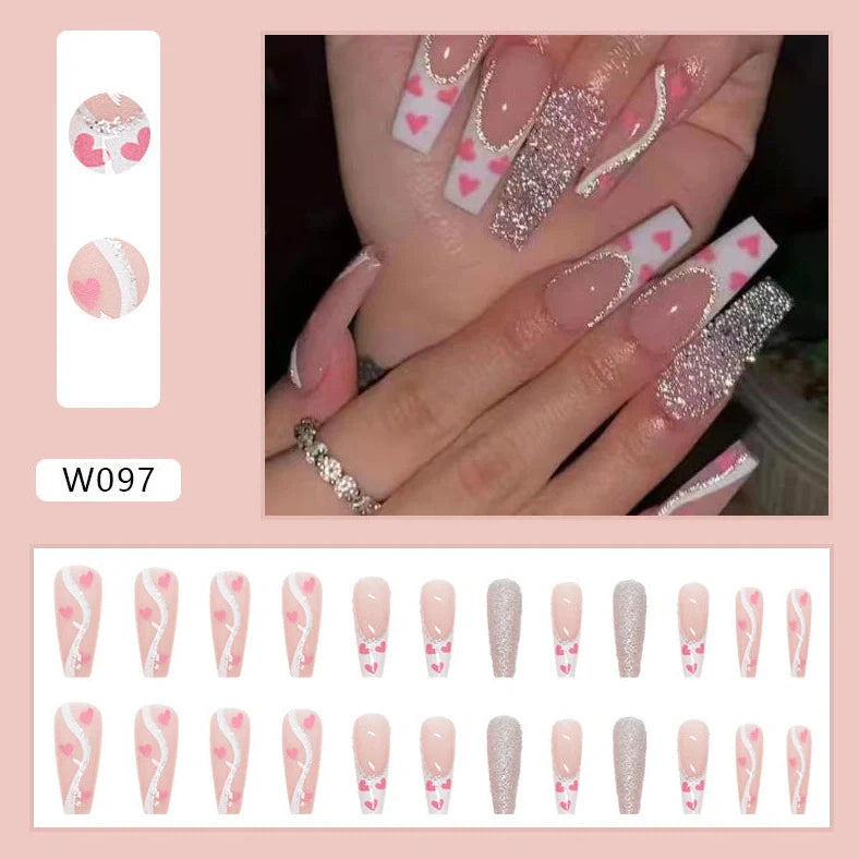W097 shiny love pattern false nails in long ballet style with adhesive tube, 24-piece set
