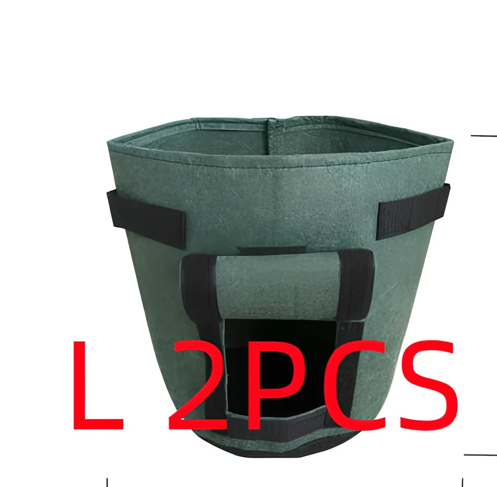 Black breathable non-woven plant growth bag with side window and double handles for potato cultivation