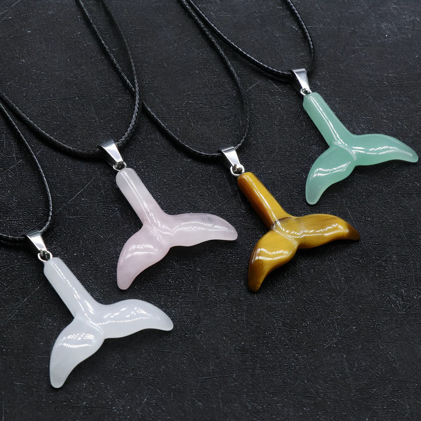 Crystal fishtail necklace with carved whale tail pendant measuring 2.0mm thick on 50cm lanyard