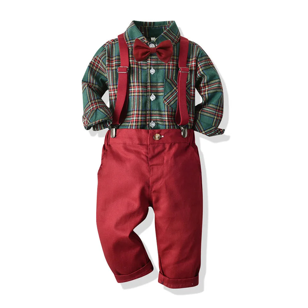 Boys' cotton long sleeved shirt and overalls set in dark green plaid pattern