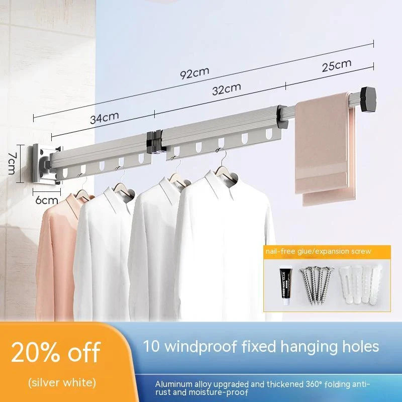 Aluminum retractable clothes drying rack mounted on wall with suction cups