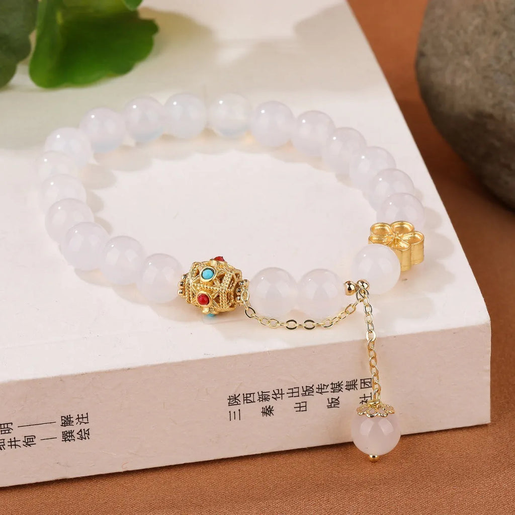 Women's natural agate bracelet with peach blossom copper components, handcrafted original design