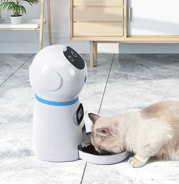 White automatic pet feeder with removable grain barrel and metal food tray, infrared anti-feeding prevention