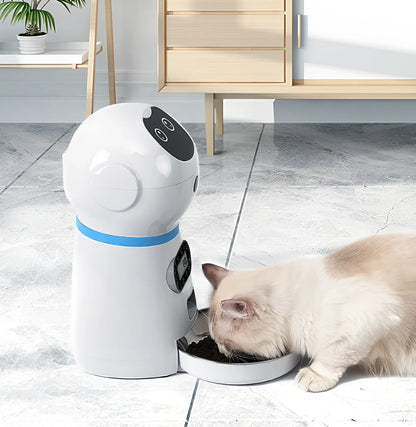 White automatic pet feeder with removable grain barrel and metal tray, infrared sensor for 5g dry food portions