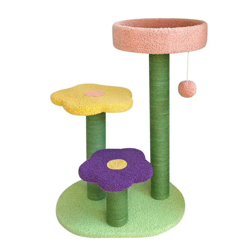 28 inch cat tower with sisal rope winding, wood frame, and lambswool perches in backrest design