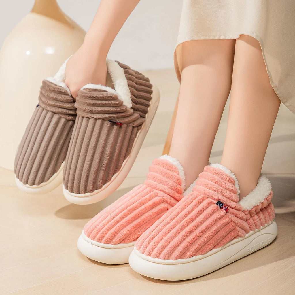 Women's winter cotton home slippers with corduroy lining, low-top flat heel, available in pink colour