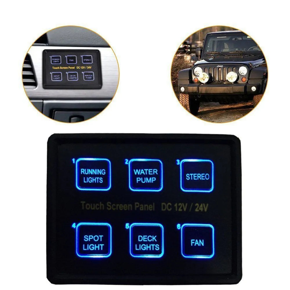 Wrangler black 6-way touch switch panel with blue and white LED indicators for car boat bus modification
