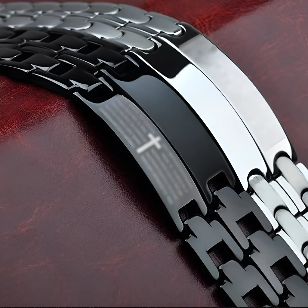 Titanium steel curved bracelet for men, electroplated black finish with geometric quadrilateral pattern