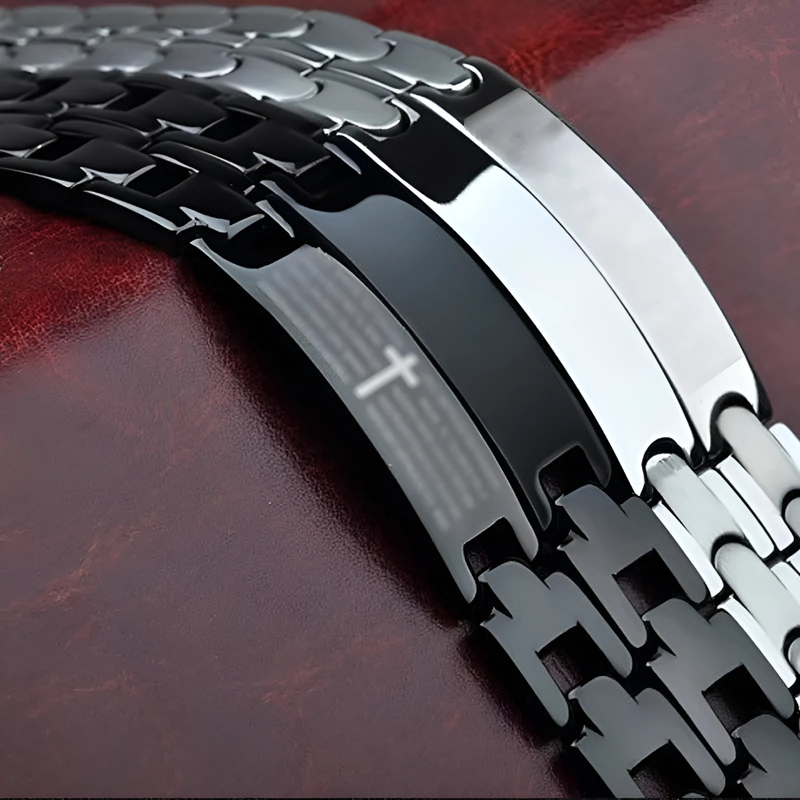 Titanium steel curved bracelet for men, electroplated black finish with geometric quadrilateral pattern