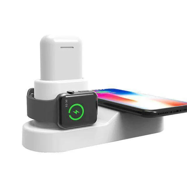 Black and white W3 three-in-one wireless charging station for Apple iPhone, Watch and AirPods on a desk.