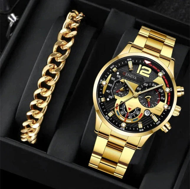 Stylish men's stainless steel quartz watch with adjustable bracelet set in various color combinations