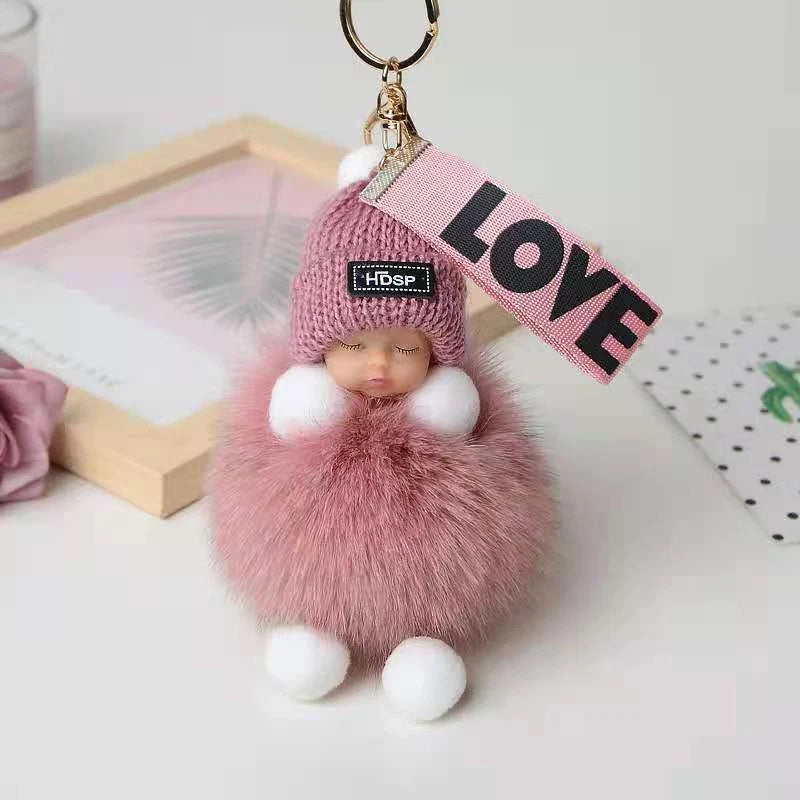 Hand-woven fox fur sleeping doll plush keychain pendant with or without bow