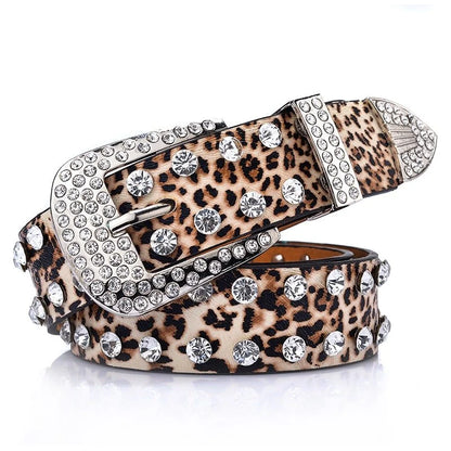 Rhinestone-embellished wide belt with adjustable length and sparkling details