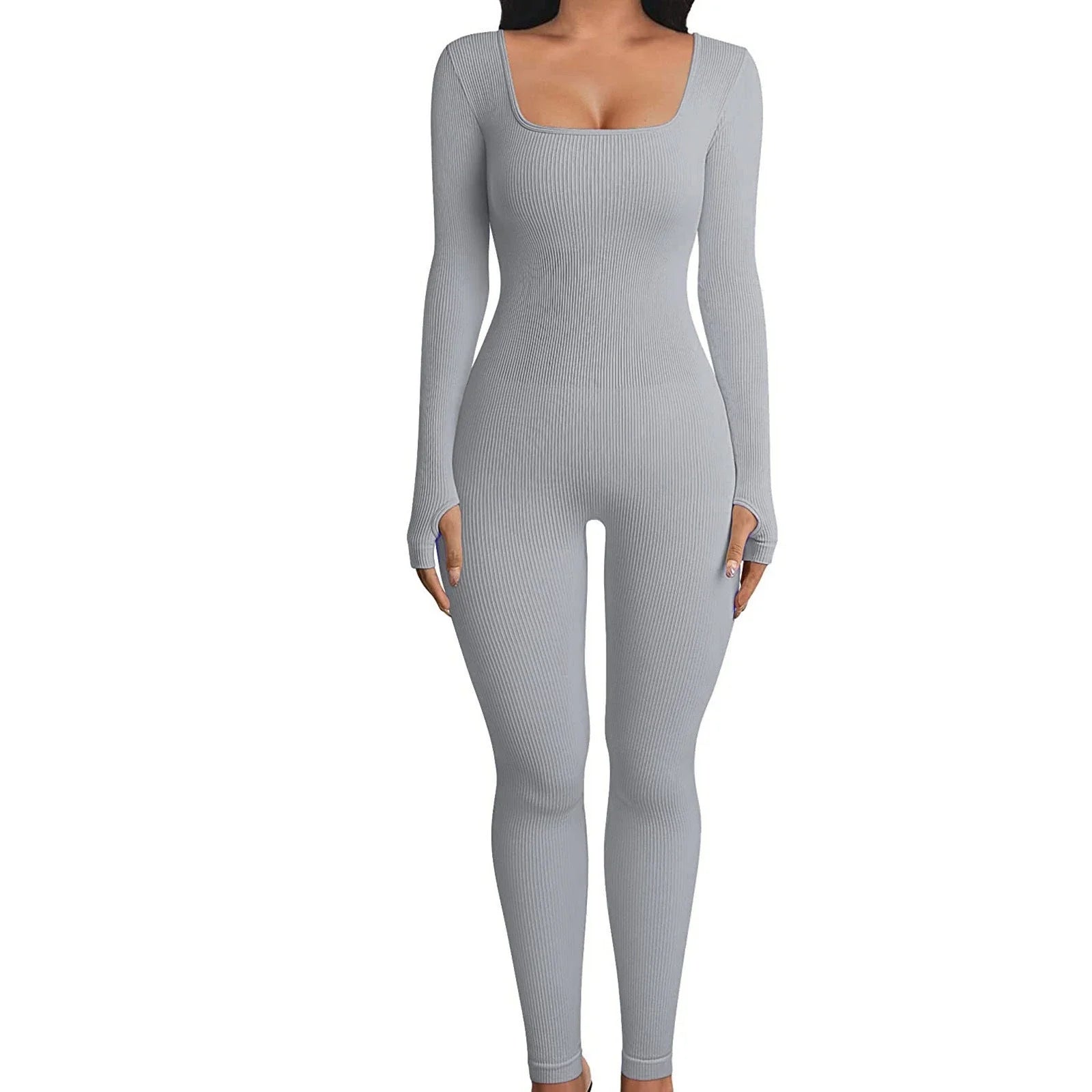 A fashionable women's yoga and fitness jumpsuit with a square neckline, long sleeves, and a tight-fitting silhouette.