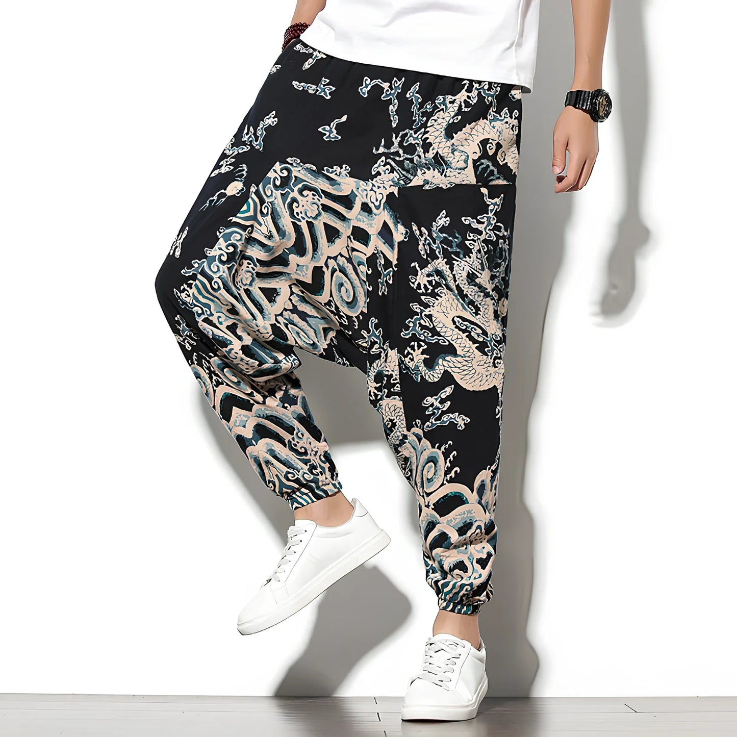 Summer bohemian loose wide-leg cotton trousers in Tibetan blue elephant flower print, mid-waist nine-point length 70-82cm, sizes M-5XL